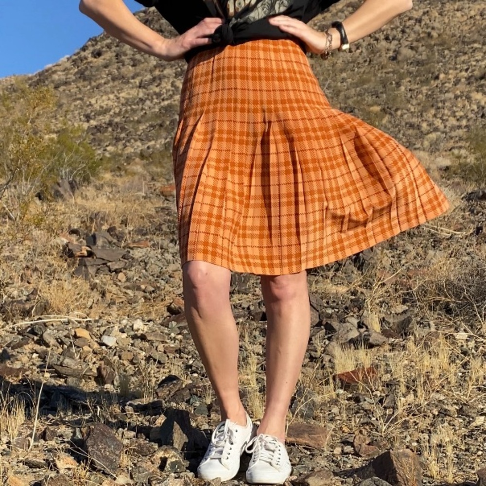High waist preppy orange plaid pleated midi skirt - Picture 16 of 16